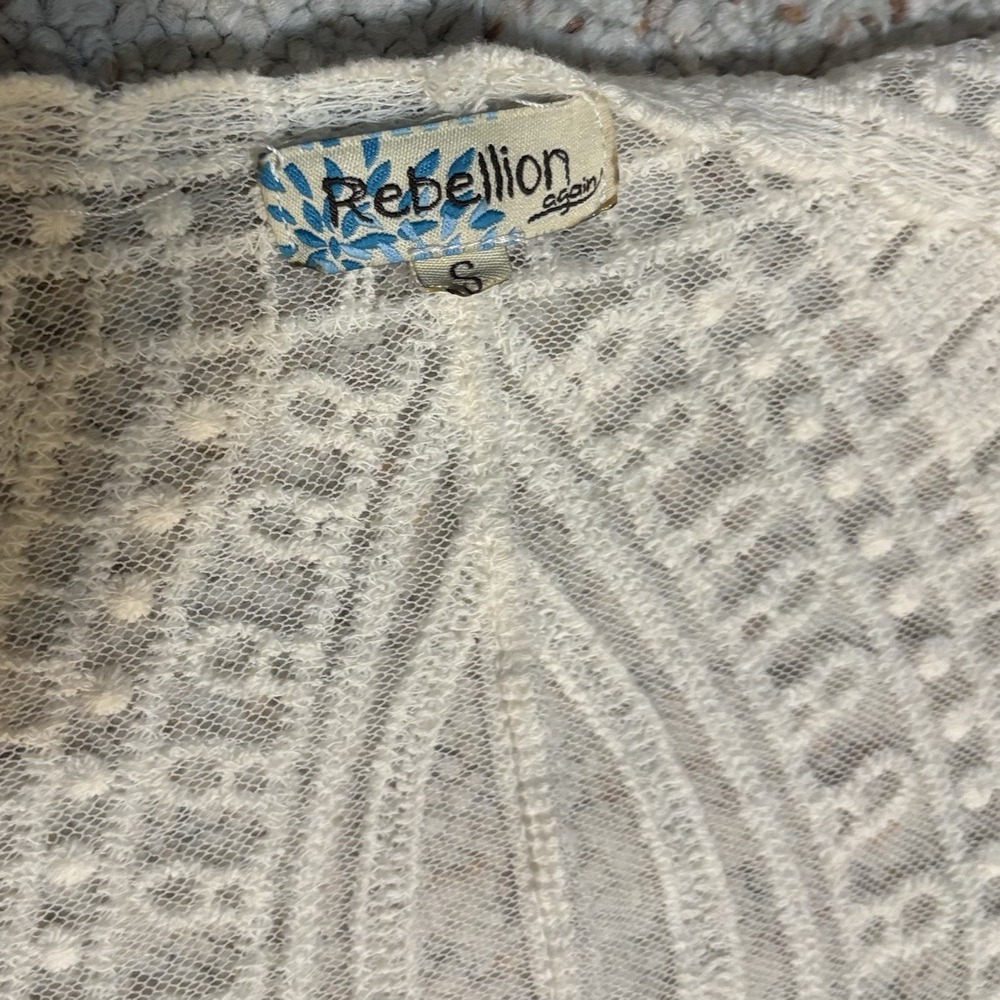 Rebellion Again Sz S Ivory Lace Sheer Kimono Duster Cardigan Boho Embroidered - Picture 8 of 12